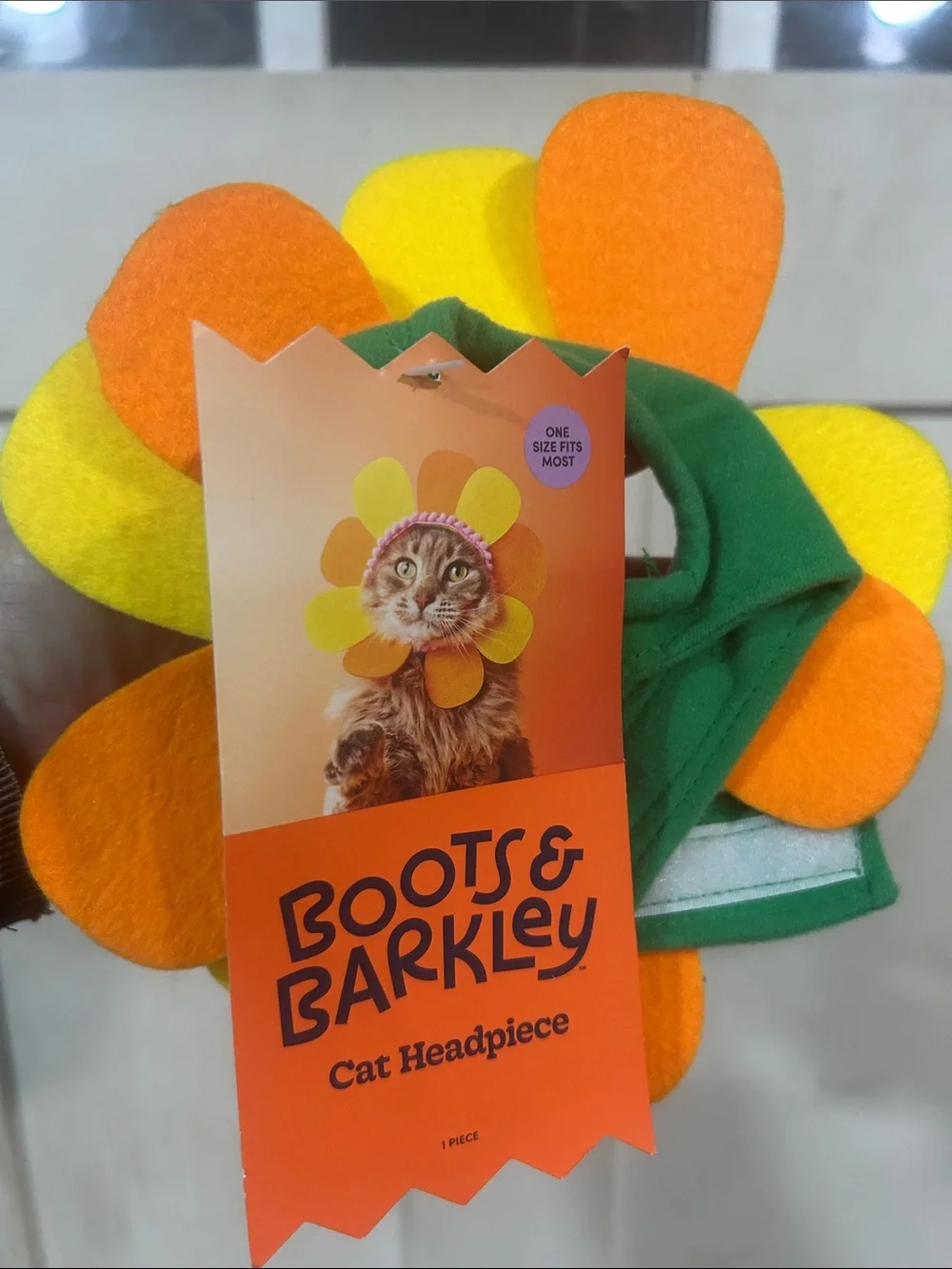 Boots & Barkley Felt Flower Cat Headpiece in Green, Orange & Yellow